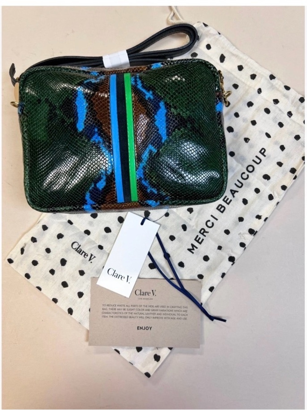 Clare V Midi Sac Women Green Snake Embossed Leather Crossbody Camera Bag NWT - Picture 3 of 9